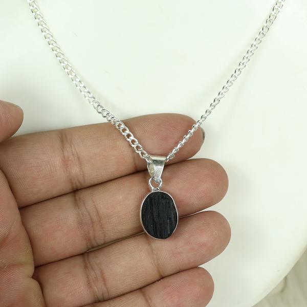 Natural Black Tourmaline Oval Shape Pendant Locket with Metal Chain for Unisex