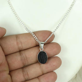 Natural Black Tourmaline Oval Shape Pendant Locket with Metal Chain for Unisex