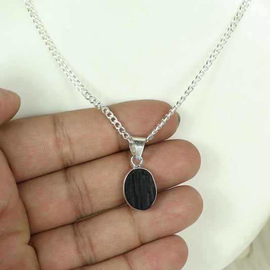 Natural Black Tourmaline Oval Shape Pendant Locket with Metal Chain for Unisex