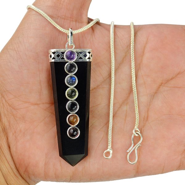 Natural Crystal Stone Flat Stick 7 Chakra Beads Pendant Size 45-50 mm with Metal Chain