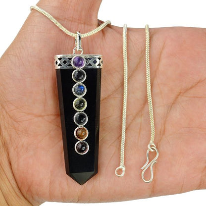 Natural Crystal Stone Flat Stick 7 Chakra Beads Pendant Size 45-50 mm with Metal Chain