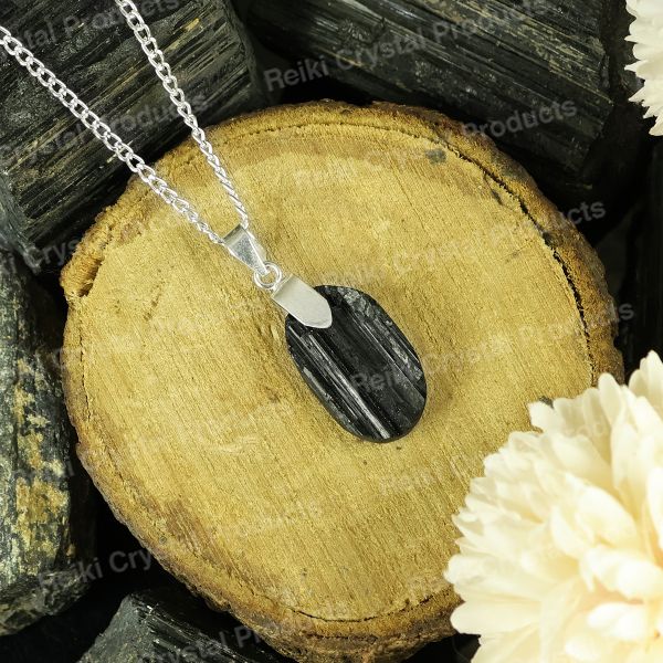 Natural Black Tourmaline Oval Shape Pendant - Locket With Metal Chain For Unisex