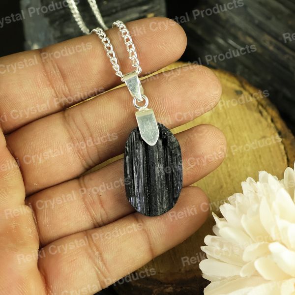 Natural Black Tourmaline Oval Shape Pendant - Locket With Metal Chain For Unisex