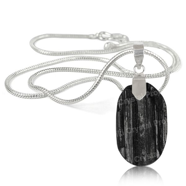 Natural Black Tourmaline Oval Shape Pendant - Locket With Metal Chain For Unisex