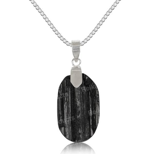 Natural Black Tourmaline Oval Shape Pendant - Locket With Metal Chain For Unisex