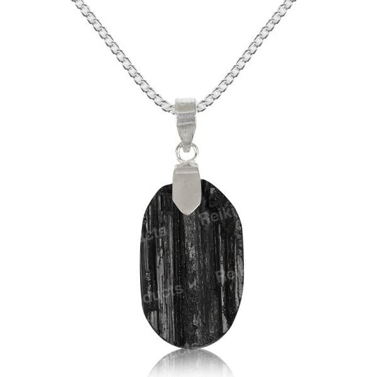 Natural Black Tourmaline Oval Shape Pendant - Locket With Metal Chain For Unisex