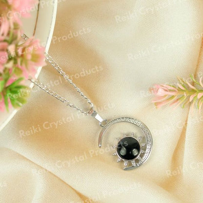 Natural Crystal Stone Sun And Moon Shape Pendant - Locket with Metal Chain