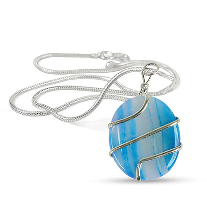 Natural Crystal Stone Oval Shape Wire Wrapped Pendant Size 30-35 mm with Metal Chain