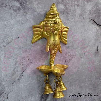 Wall Hanging Brass Ganesha Handwork Puja Idol Oil Lamp Three Diyas and Bells