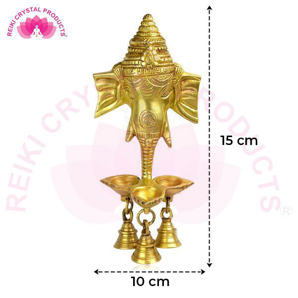 Wall Hanging Brass Ganesha Handwork Puja Idol Oil Lamp Three Diyas and Bells