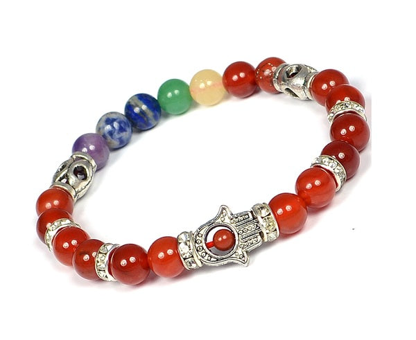 Natural Crystal Stone 7 Chakra Hamsa Charm 8 mm Bracelet