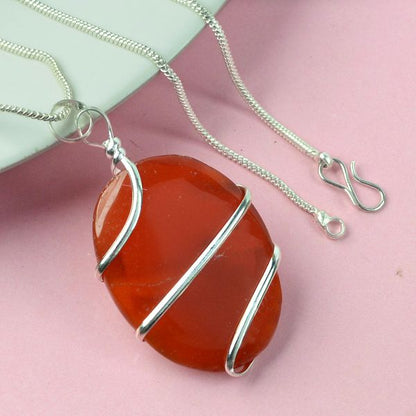 Natural Crystal Stone Oval Shape Wire Wrapped Pendant Size 30-35 mm with Metal Chain