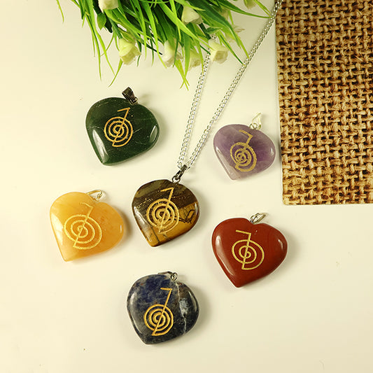 Natural Crystal Stone Reiki Cho Ku Rei Heart Shape Pendant - Locket with Metal Chain