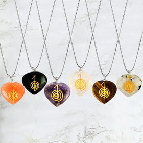 Natural Crystal Stone Reiki Cho Ku Rei Heart Shape Pendant - Locket with Metal Chain