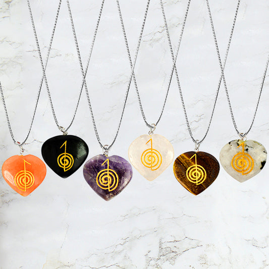 Natural Crystal Stone Reiki Cho Ku Rei Heart Shape Pendant - Locket with Metal Chain