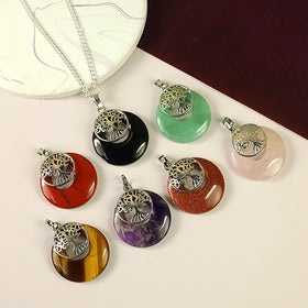 Natural Crystal Stone Tree of Life Charm Pendant - Locket with Metal Chain