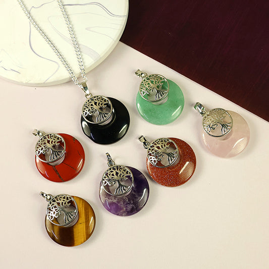 Natural Crystal Stone Tree of Life Charm Pendant - Locket with Metal Chain