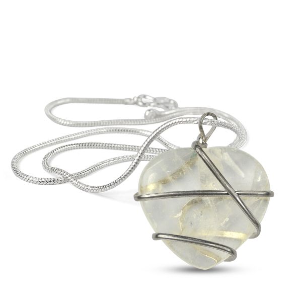Natural Crystal Stone Wire Wrapped Heart Shape Pendant - Locket Size- 35 mm with Metal Chain