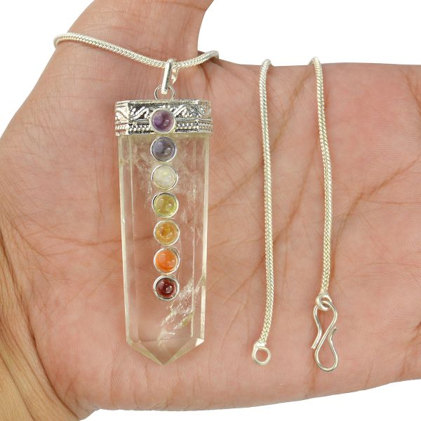Natural Crystal Stone Flat Stick 7 Chakra Beads Pendant Size 45-50 mm with Metal Chain