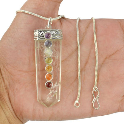 Natural Crystal Stone Flat Stick 7 Chakra Beads Pendant Size 45-50 mm with Metal Chain