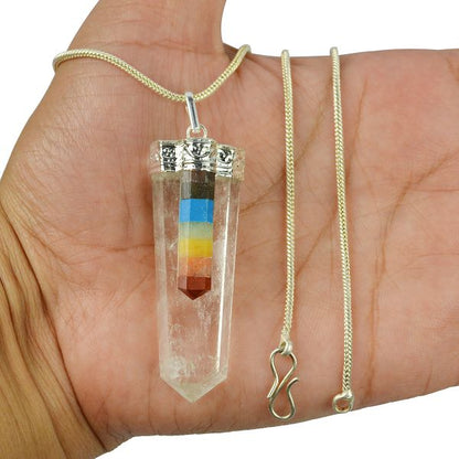 Natural Crystal Stone 7 Chakra Flat Stick Pendant Size 45-50 mm with Metal Chain