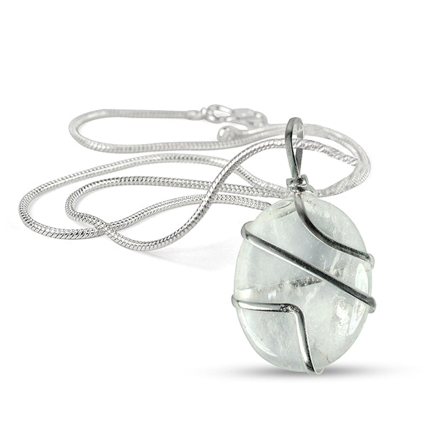 Natural Crystal Stone Oval Shape Wire Wrapped Pendant Size 30-35 mm with Metal Chain