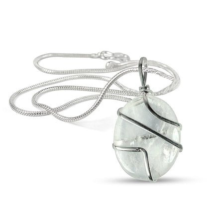 Natural Crystal Stone Oval Shape Wire Wrapped Pendant Size 30-35 mm with Metal Chain