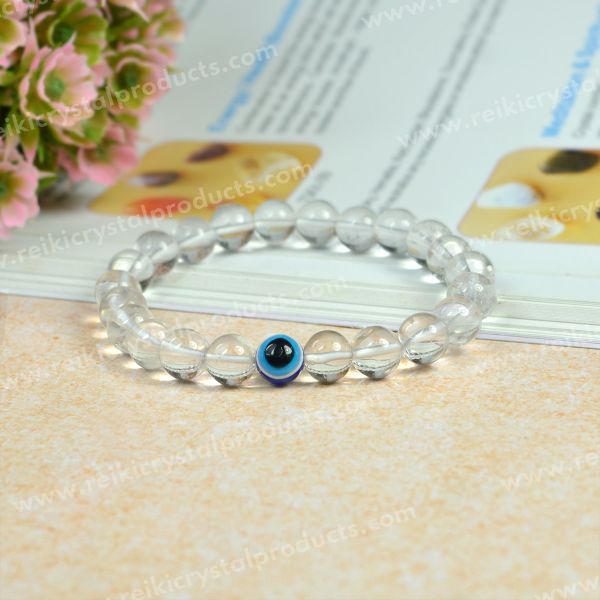 Natural Semi Precious Crystal Stones with Evil Eye 8 mm Bead Bracelet for Unisex