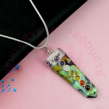 Natural Crystal Stone 7 Chakra Flat Stick Pendant Size 45-50 mm with Metal Chain