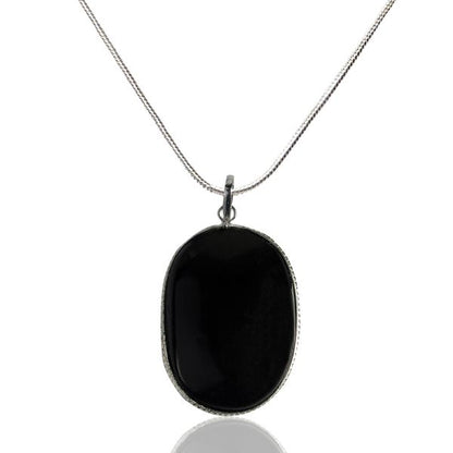 Black Agate Oval Shape Pendant with Metal Chain