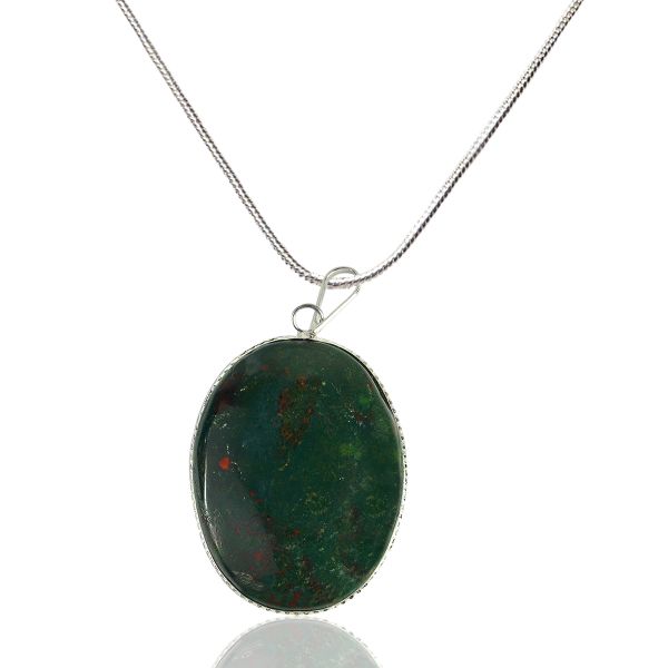 Bloodstone Oval Shape Pendant with Metal Chain
