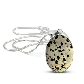 Dalmatian Jasper Oval Pendant with Metal Chain