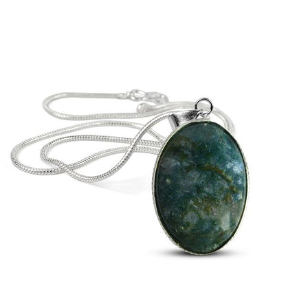 Natural Moss Agate Oval Pendant with Metal Chain Reiki Charged