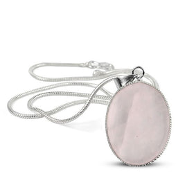 Natural Rose Quartz Oval Pendant with Metal Chain
