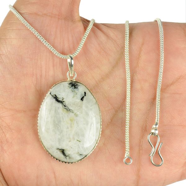 Rainbow Moonstone Oval Shape Pendant with Chain