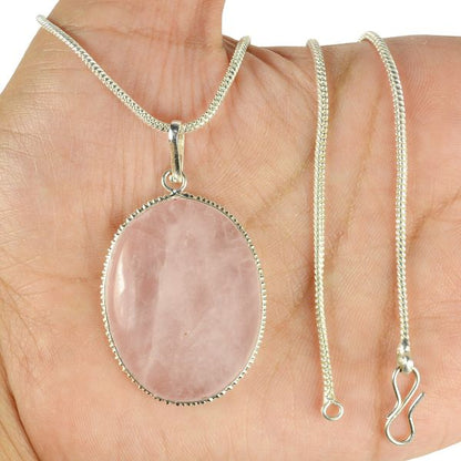 Natural Rose Quartz Oval Shape Pendant with Metal Chain