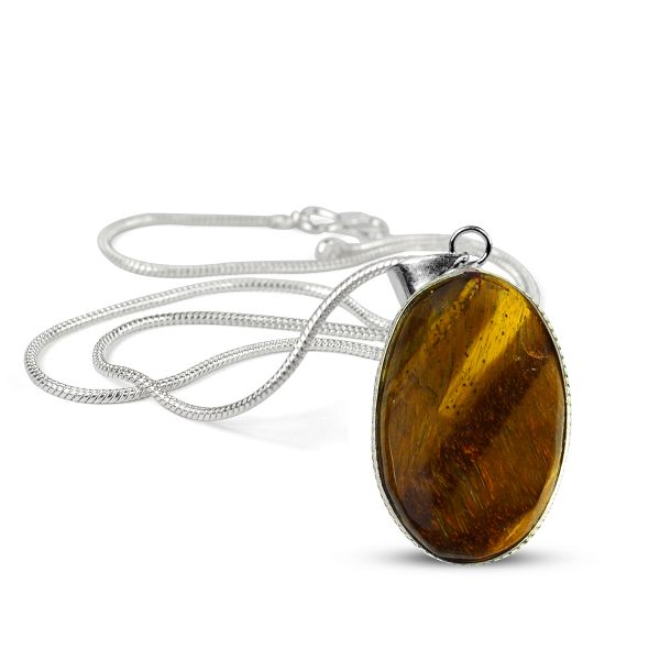 Natural Tiger Eye Oval Pendant Locket with Metal Chain