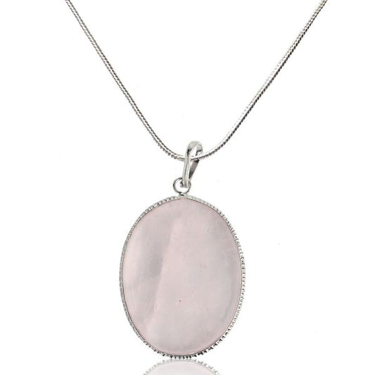 Natural Rose Quartz Oval Shape Pendant with Metal Chain