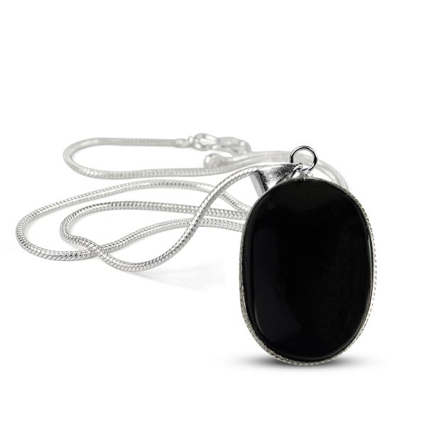 Black Agate Oval Shape Pendant with Metal Chain
