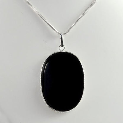 Black Agate Oval Shape Pendant with Metal Chain