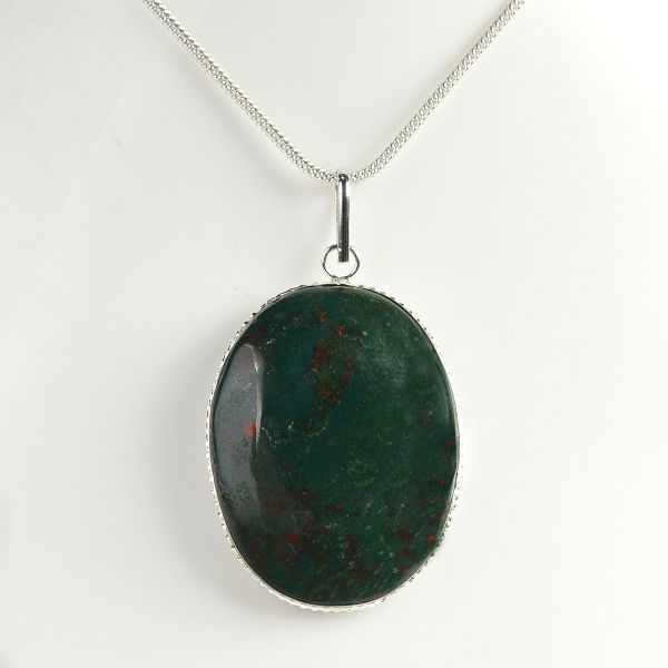 Bloodstone Oval Shape Pendant with Metal Chain