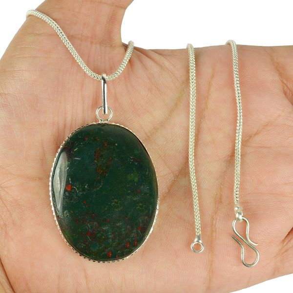 Bloodstone Oval Shape Pendant with Metal Chain