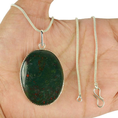 Bloodstone Oval Shape Pendant with Metal Chain