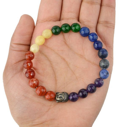 7 Chakra with Buddha Head 8 mm Faceted Beads Bracelet
