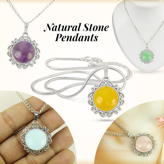 Natural Crystal Stone Round Designer Shape Pendant - Locket with Metal Chain