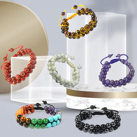 Natural Double Line Stone Macrame Nylon Cord Adjustable 8 mm Bracelet for Unisex