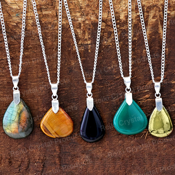 Natural Crystal Stone Drop Pendant with Metal Chain