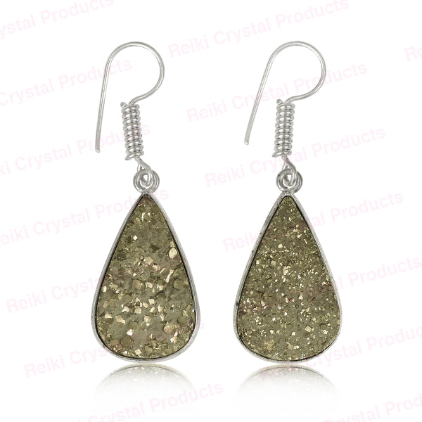 Natural Pyrite Rough Drop Shape Earring Charged By Reiki Grandmaster And Vastu Expert