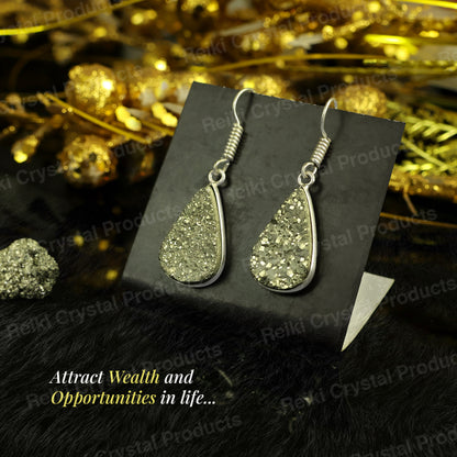 Natural Pyrite Rough Drop Shape Earring Charged By Reiki Grandmaster And Vastu Expert