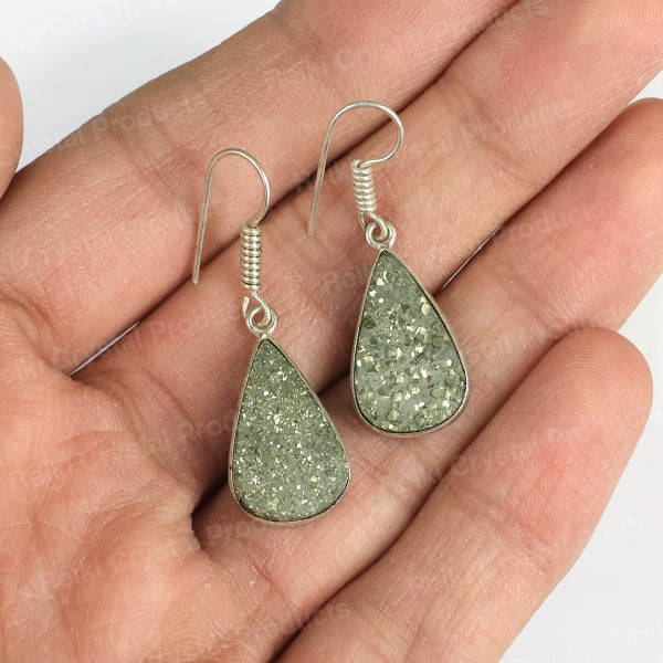 Natural Pyrite Rough Drop Shape Earring Charged By Reiki Grandmaster And Vastu Expert